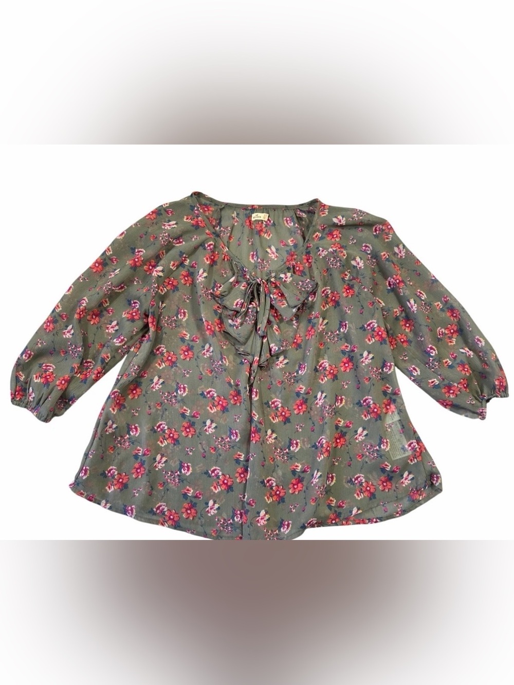 Hollister Olive Green Floral Lace-Up Top with Pink & Blue Blooms Sz Jr XS